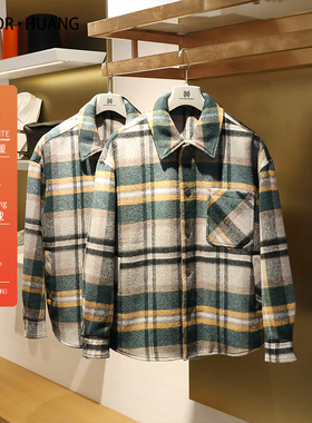 美式复古2024秋冬季新款男士经典格纹衬衫式翻领羊毛夹克外套9638