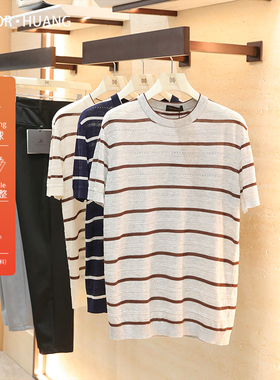 意式奢华老钱风2026夏季新款复古天丝亚麻针织条纹短袖T恤男2119