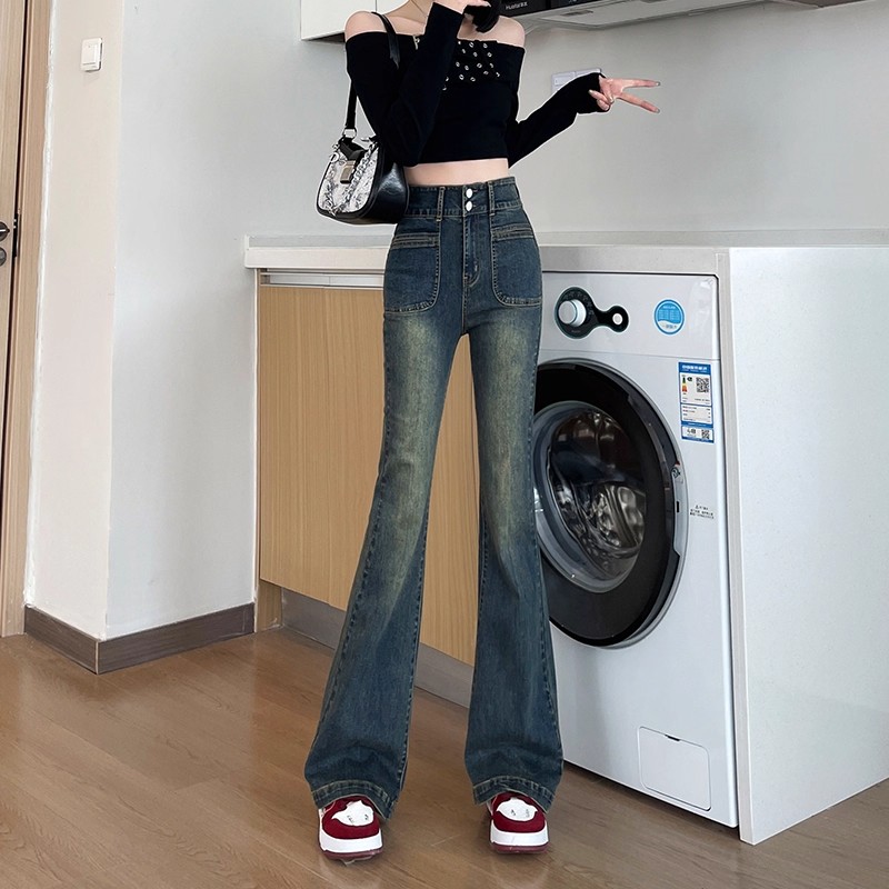 高腰双排扣微喇牛仔裤女春秋