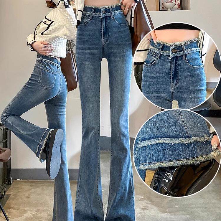 牛仔裤女春秋秋季2024年新款九分修身显瘦紧身拖地微喇叭毛边裤子