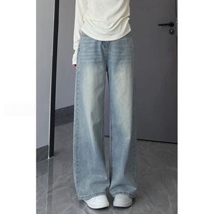 胖mm宽松显瘦梨形身材阔腿裤 加绒加厚大码 子 女冬季 浅色直筒牛仔裤