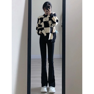 潮 显瘦马蹄小个子喇叭拖地长裤 黑色高腰微喇牛仔裤 女春秋2024新款