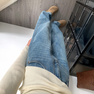 胖mm宽松显瘦梨型身材阔腿裤 大码 子 女秋冬新款 加绒加厚直筒牛仔裤