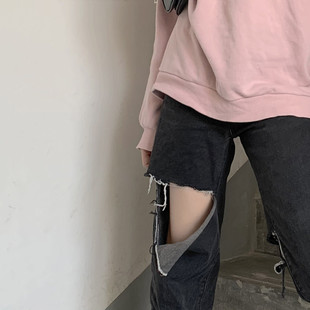 子宽松乞丐阔腿裤 高腰垂感拖地裤 女黑色裤 胖mm破洞牛仔裤 春夏大码
