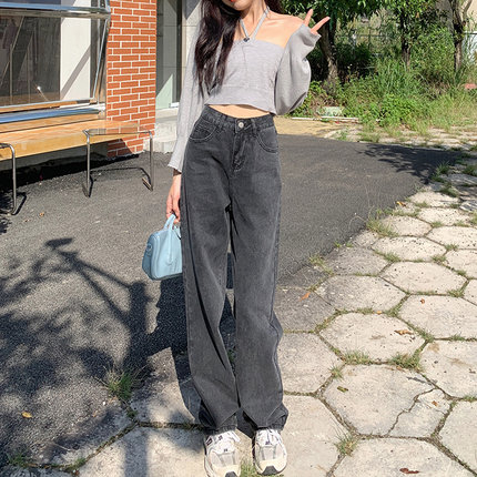 高腰显瘦灰色直筒拖地牛仔裤女2025新款春秋大码宽松胖mm阔腿裤子