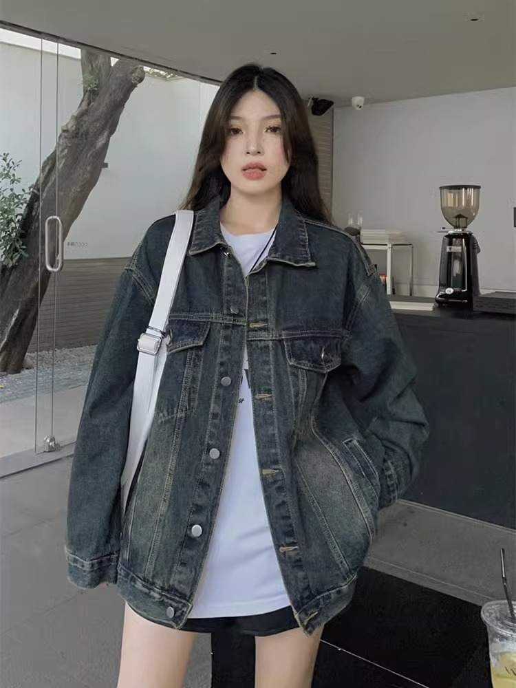大码美式水洗做旧牛仔外套女春装2025年新款潮流宽松长袖夹克上衣