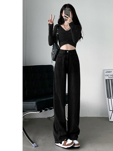 胖妹妹宽松阔腿裤 女高腰直筒显瘦大码 子 黑色牛仔裤 适合胯大腿粗