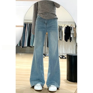 胖mm高腰显瘦梨形身材喇叭裤 大码 子 女春秋新款 浅色弹力微喇牛仔裤