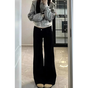 胖mm显瘦梨型身材阔腿马蹄裤 女秋冬新款 子 加绒黑色微喇牛仔裤 大码