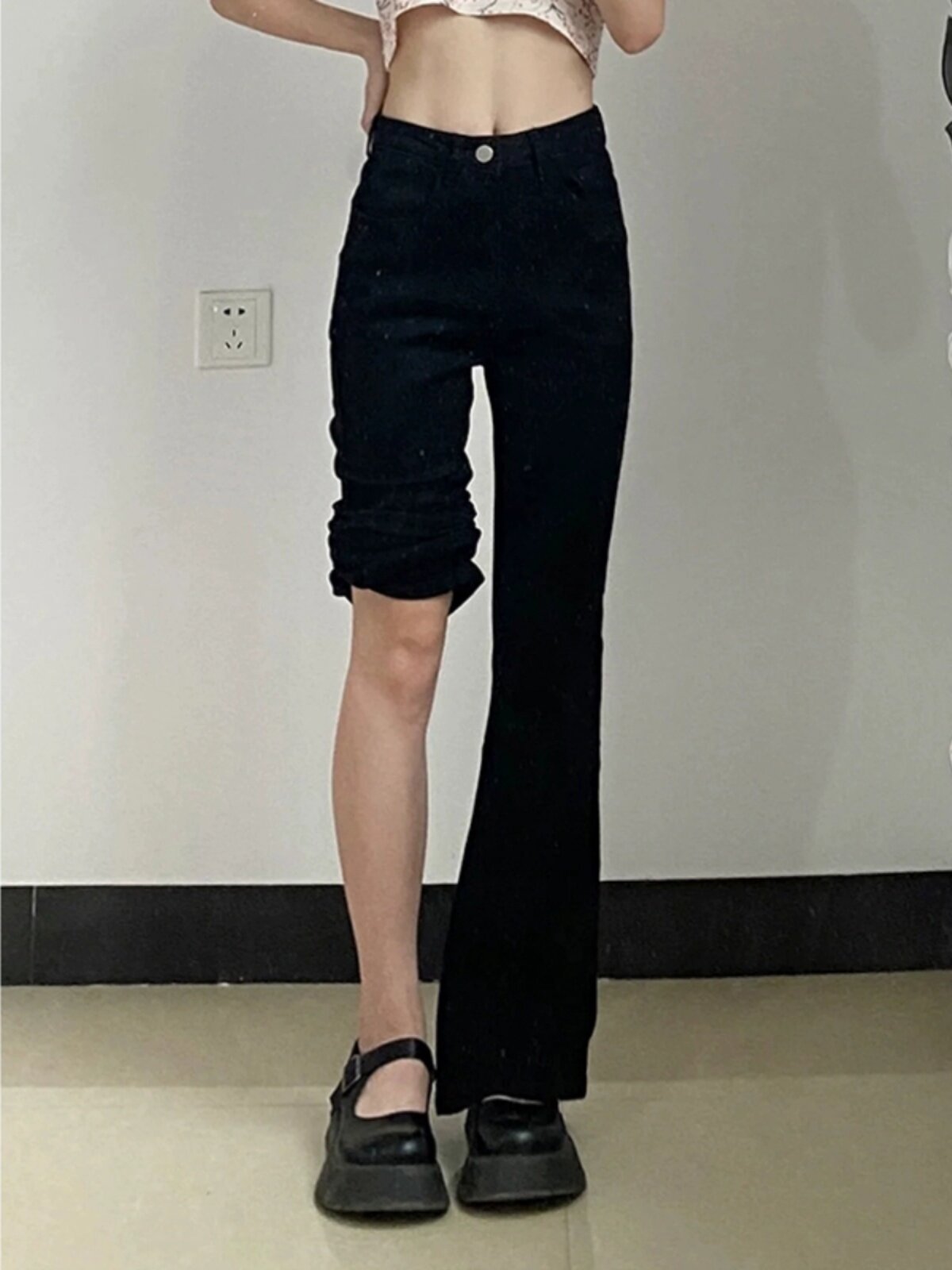 High Waisted Fleece Lined Black Horseshoe Flare Denim - Product image 4