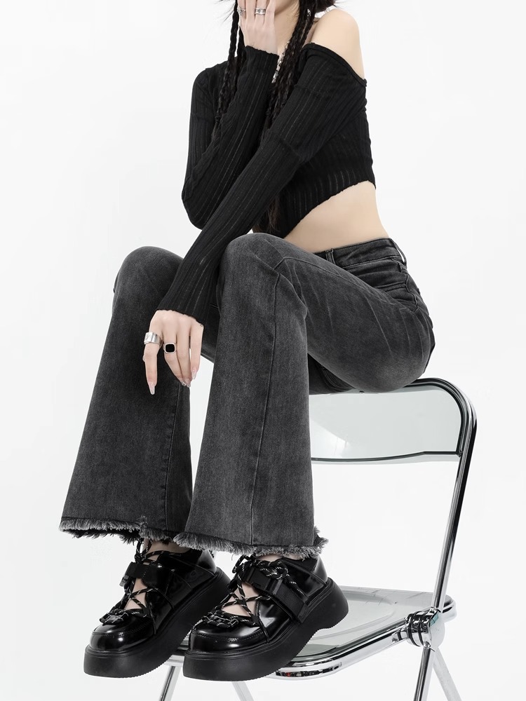 灰色微喇牛仔裤女马蹄喇叭裤子