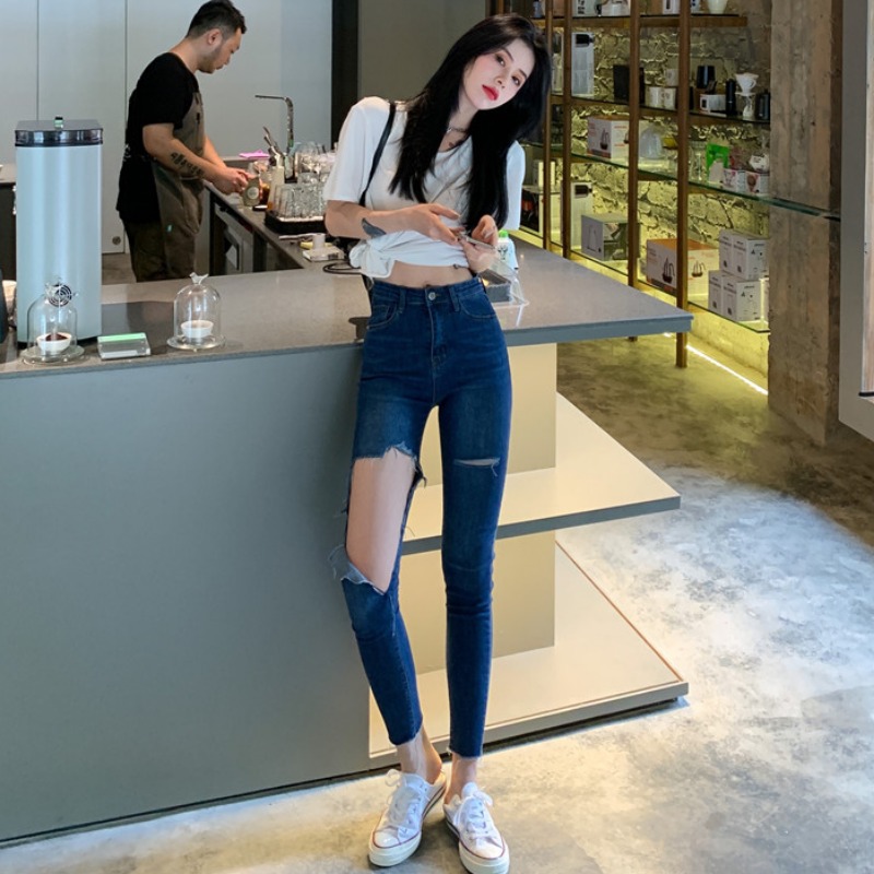 破洞牛仔裤女夏季韩版高腰紧身乞丐显瘦弹力铅笔小脚打底九分裤潮