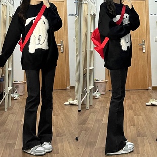 子 胖mm加厚显瘦梨型身材喇叭马蹄裤 黑色微喇牛仔裤 女秋冬加绒大码