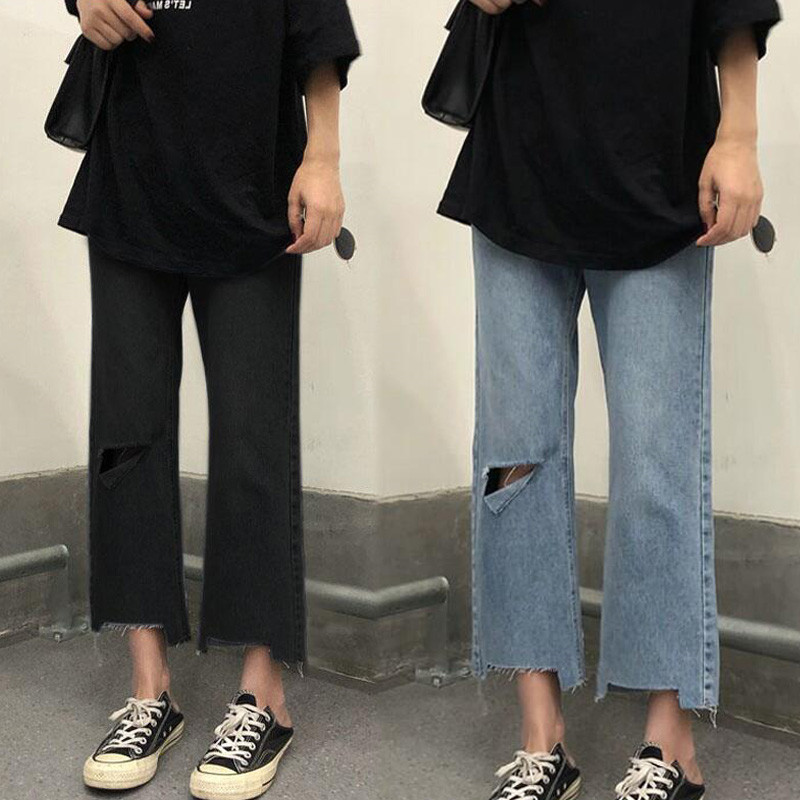大码破洞牛仔裤女高腰胖mm显瘦梨型身材直筒裤子宽松九分阔腿裤秋