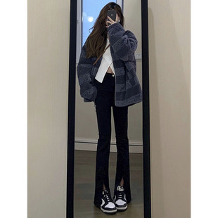 子 ins设计感高腰紧身显瘦黑色微喇叭裤 弹力开叉牛仔裤 女春秋韩版