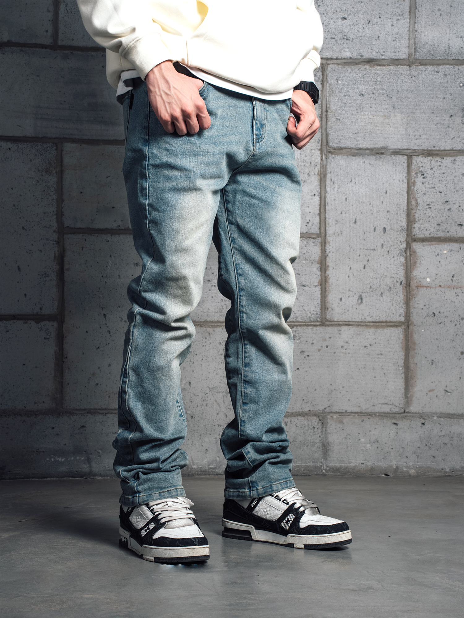 SUC群起弹力拼接微喇牛仔裤