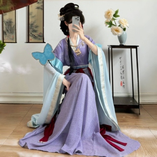 新款 烟芷雨原创 齐腰穿孔裙传统服饰套装 魏晋复原神仙服大袖 紫灵