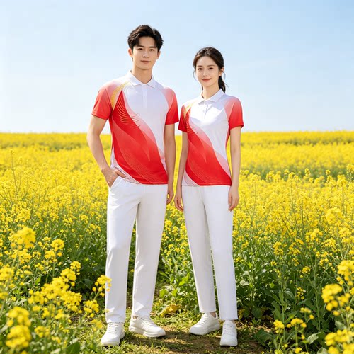 2026新款速干运动T恤男女polo衫短袖情侣半袖长裤套装工间操定制