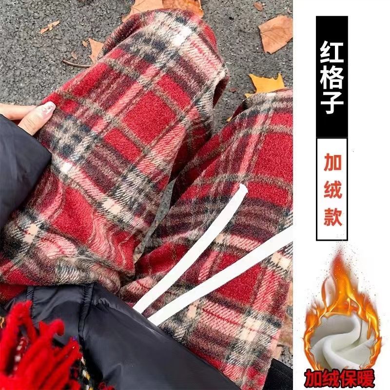美式拼接撞色红色格子裤女秋冬季