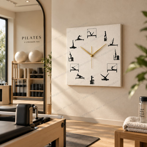PILATES普拉提运动方形瑜伽馆挂钟简约轻奢小表盘静音无框画钟表