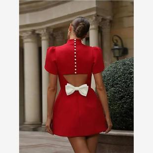 neck high short sleeved dress 半高领短袖 red 酒红色连衣裙Half