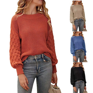 neck round knitted sweater women Lantern for sleeve