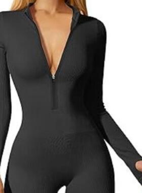 Ribbed long sleeved front zipper sports jumpsuit运动连身衣女