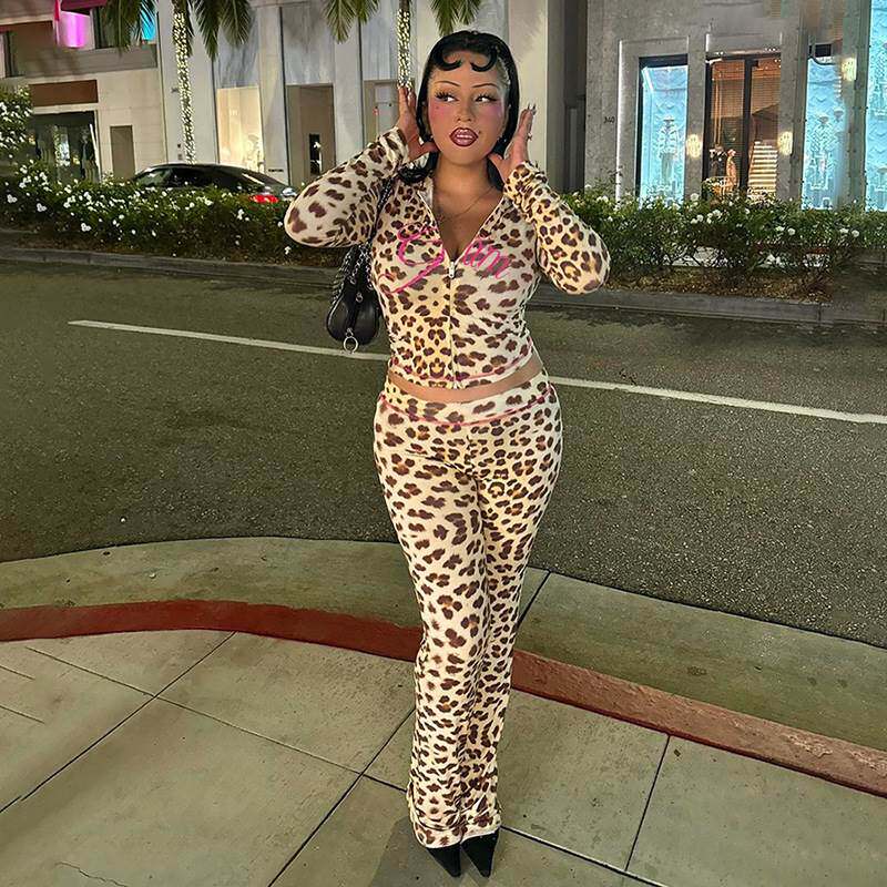 Leopard high waisted tight pants set 豹纹高腰紧身长裤套装女