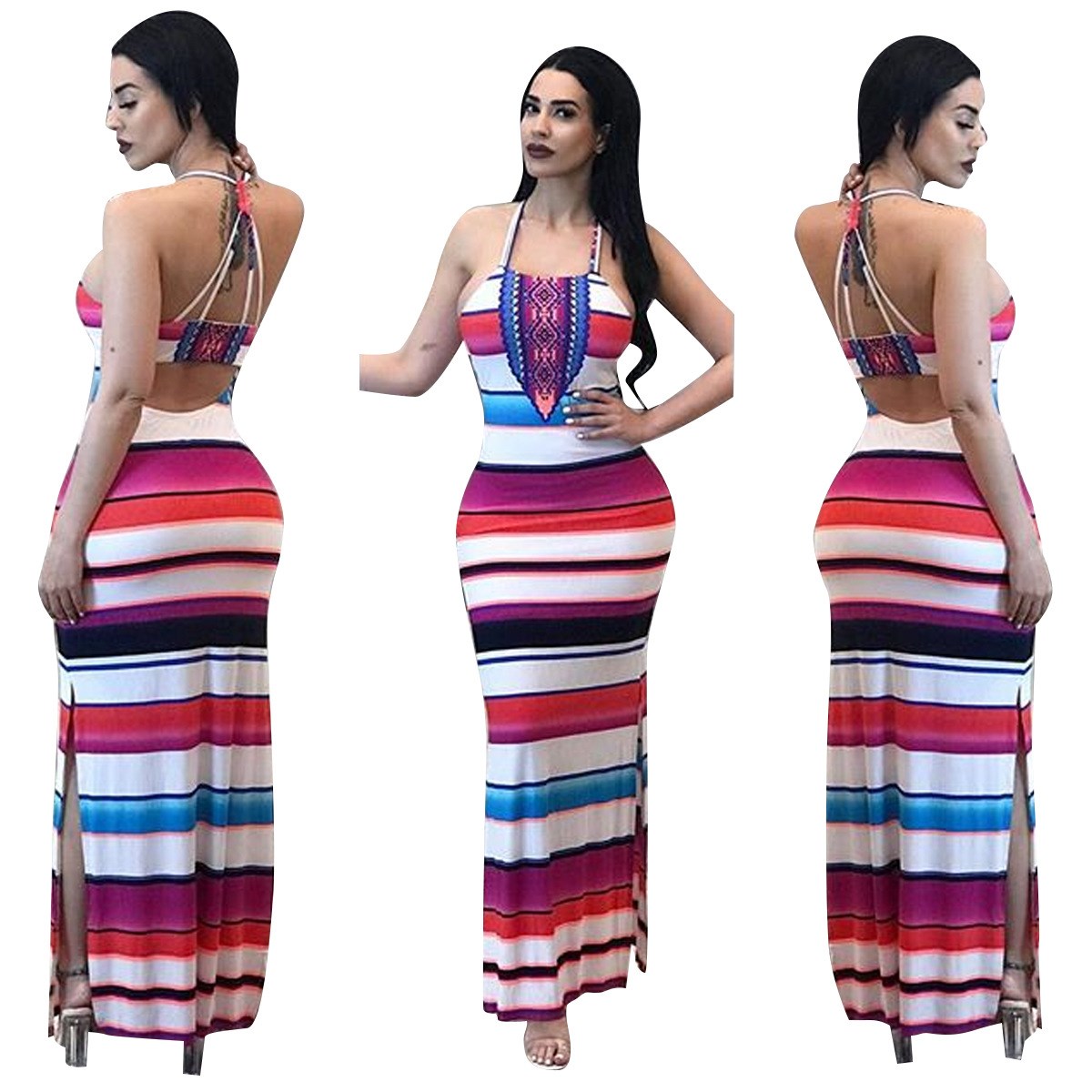 2018 split sexy backless women dress开叉露背性感条纹连衣裙