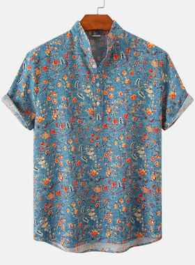 Hawaiian Shirt Men Half Placket Collar Beach Shirt Vacation
