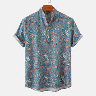 Half Men Placket Collar Vacation Hawaiian Beach Shirt