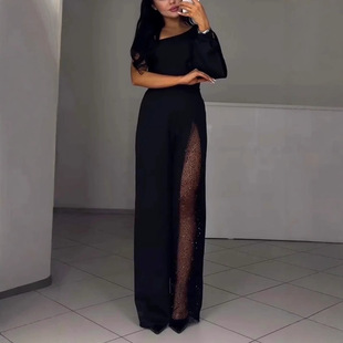 Sexy diagonal shoulder high slit women's jumpsuit