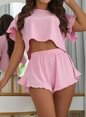 荷叶边宽松短款上衣短裤套装 Ruffle Loose Short Top Shorts Set