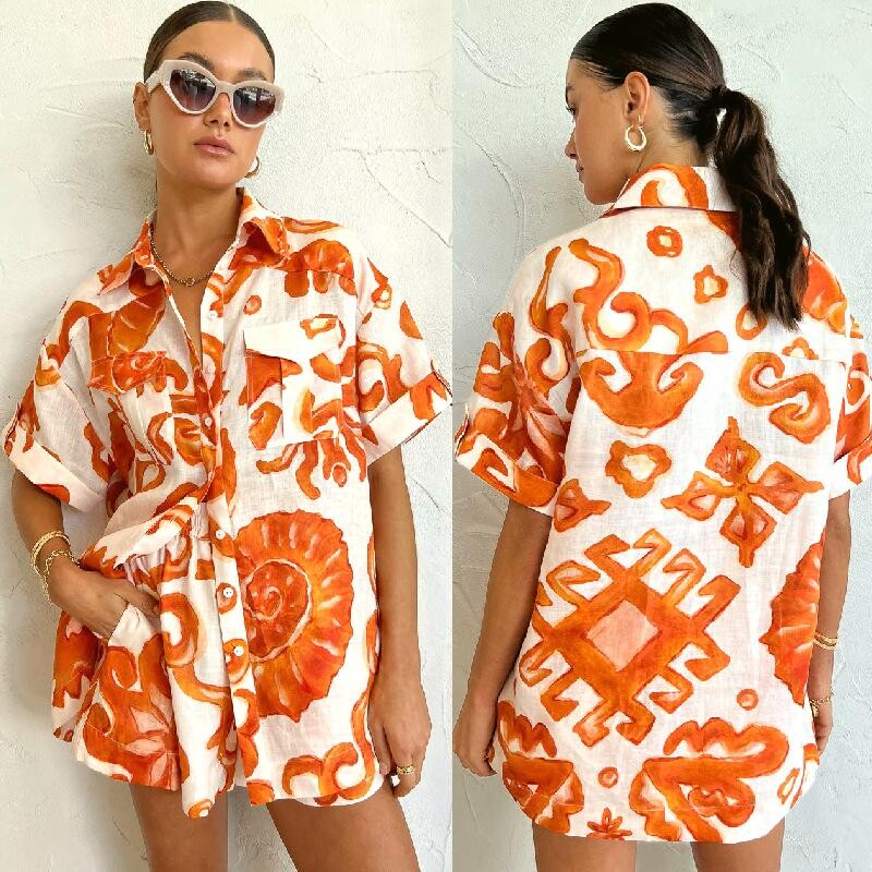 Printed lapel loose fitting women's shirt casual set