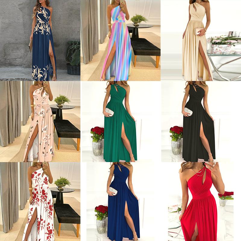 Slant Shoulder Long Dress Temperament High Waist Split Dress