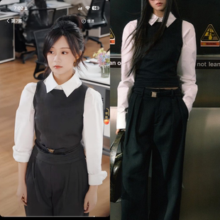 京婚浓瘾侯呈玥方以珀同款厚斜纹智性穿搭西装背心+金扣腰带长裤