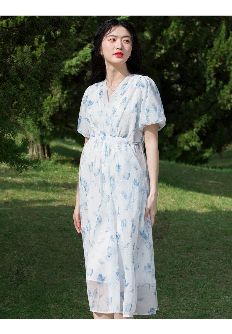 时光正好秦海璐潘之琳同款孕妇连衣裙碎花v领短袖宽松显瘦长裙