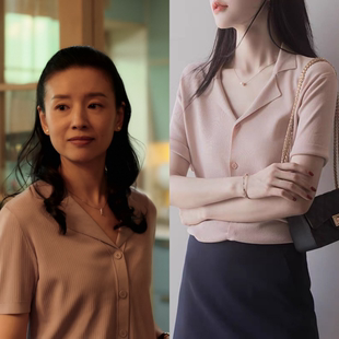 简约修身 樱桃琥珀赵盛娟董洁同款 针织衫 西装 百搭上衣 领轻熟风短袖