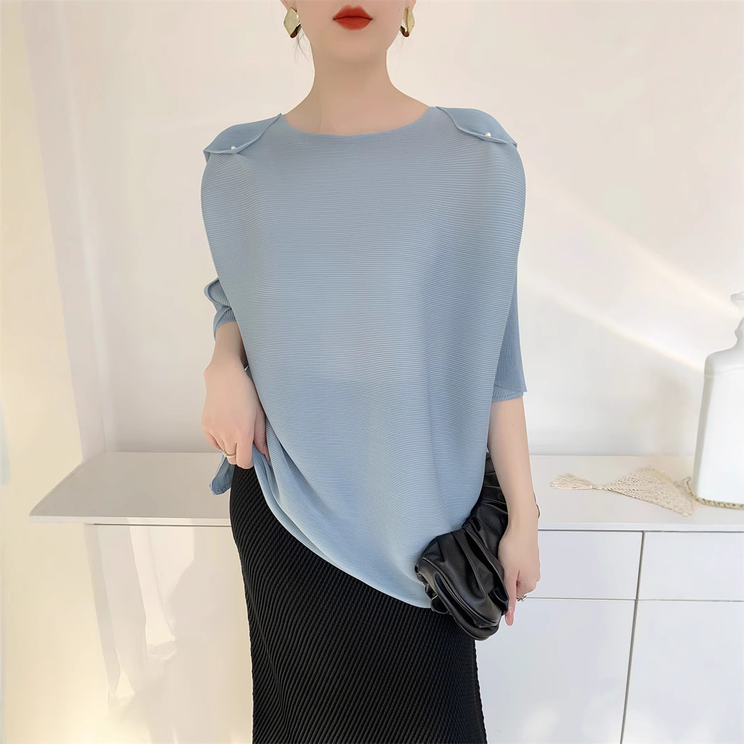 成家吴玉芳陈美舒张凯丽同款舒适宽松t恤圆领短袖打珠褶皱上衣女