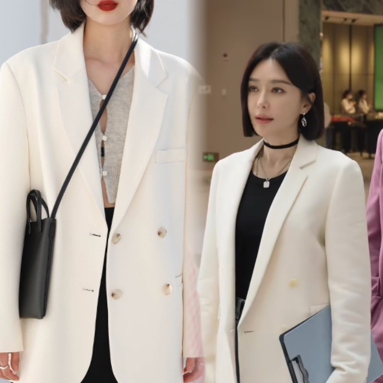 闪耀的她管文秦岚同款休闲宽松双排扣白色西装外套女中长款西服女