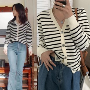 你比星光美丽纪星谭松韵同款V领条纹针织开衫复古休闲慵懒风毛衣