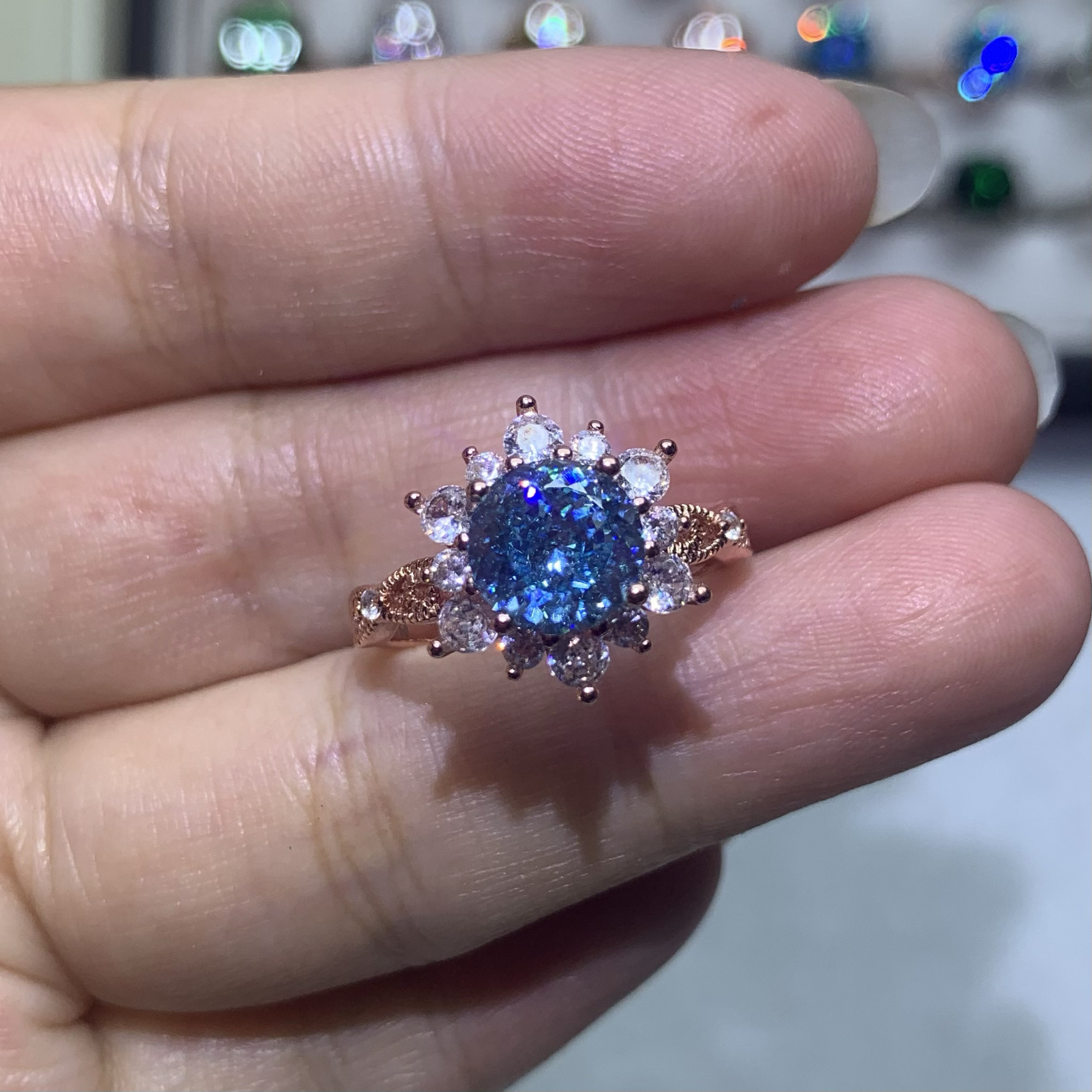 六芒星镀玫瑰金色女戒指海蓝人造宝石活口戒彩宝2克拉