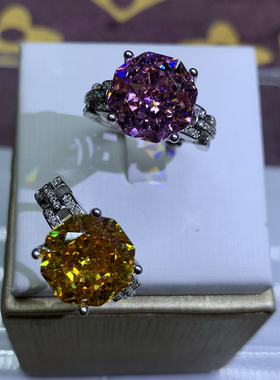 绽放的玫瑰切金钻6克拉粉钻链条锁扣戒指镀金18k白金裸石12m m