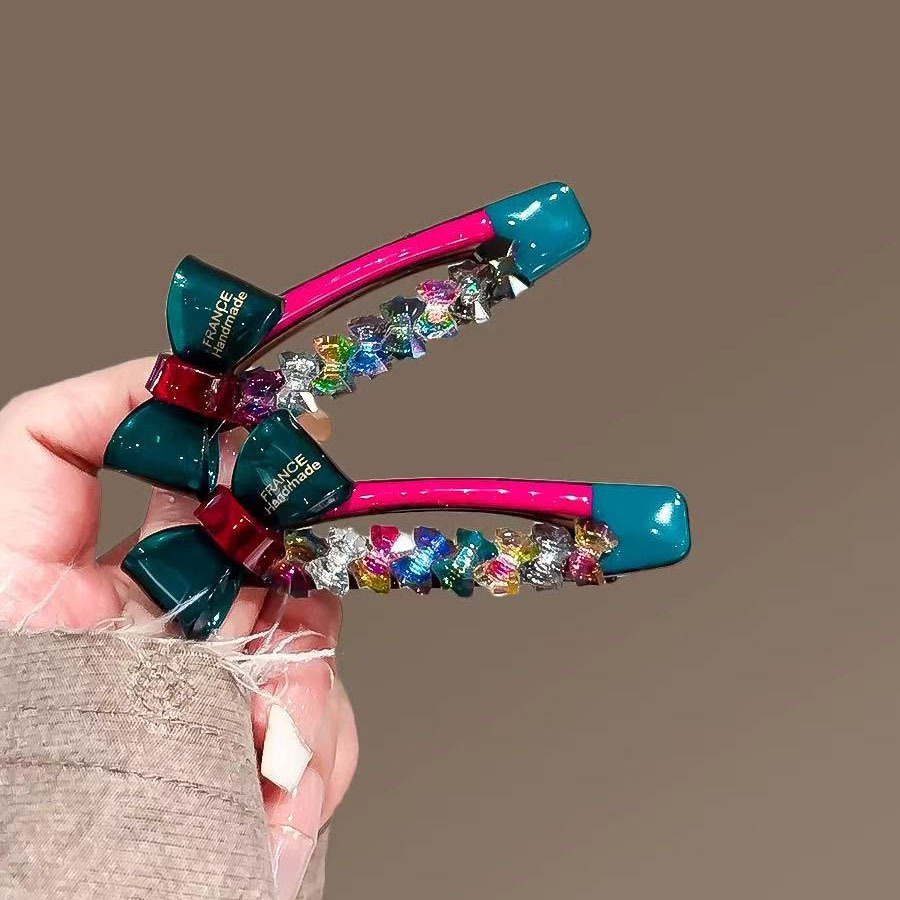 韩系醋酸蝴蝶结发夹重工彩色水钻刘海夹鸭嘴夹侧边夹碎发整理发卡