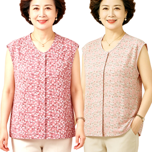 女士夏季纯棉开衫系扣坎袖宽肩背心宽松大码空调无袖汗衫印花圆领