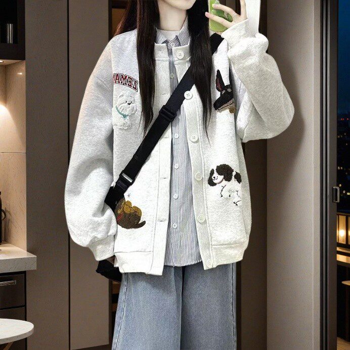 宽松毛巾绣可爱小狗棒球服外套女棒球服