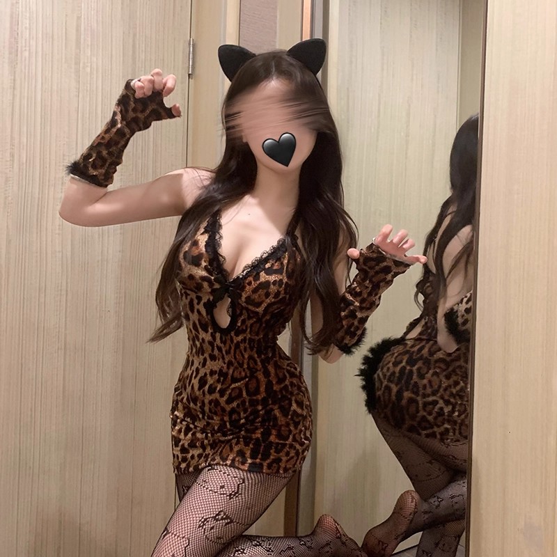 DAVE&JANIE睡衣辣妹镂空深V显瘦性感豹纹连衣裙纯欲风情侣家居服