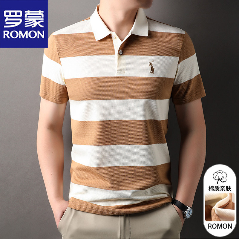 罗蒙夏季新款男士短袖t恤透气宽松上衣纯棉翻领爸爸装条纹polo衫