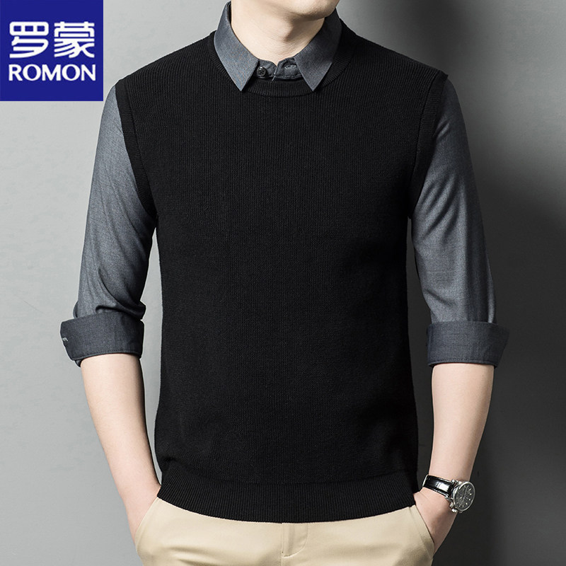 罗蒙假两件毛衣男士春秋季新款休闲商务衬衫领线衣男装针织打底衫