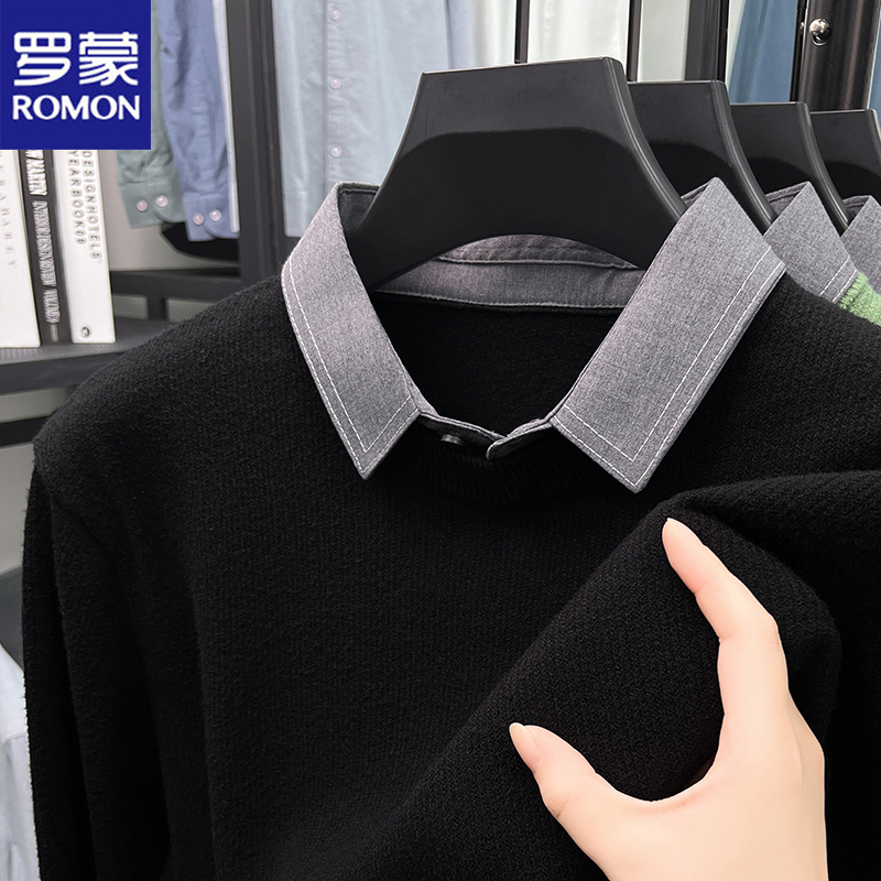 罗蒙衬衫领假两件毛衣男冬季新款